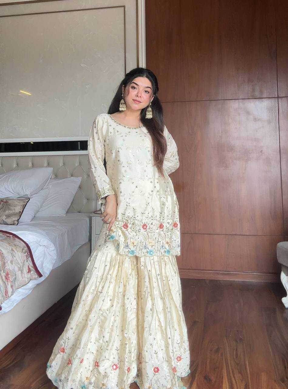 Chinon Sharara Salwar Embroidery Suits Manufacturer - MYLUXURY LANE ENTERPRISE